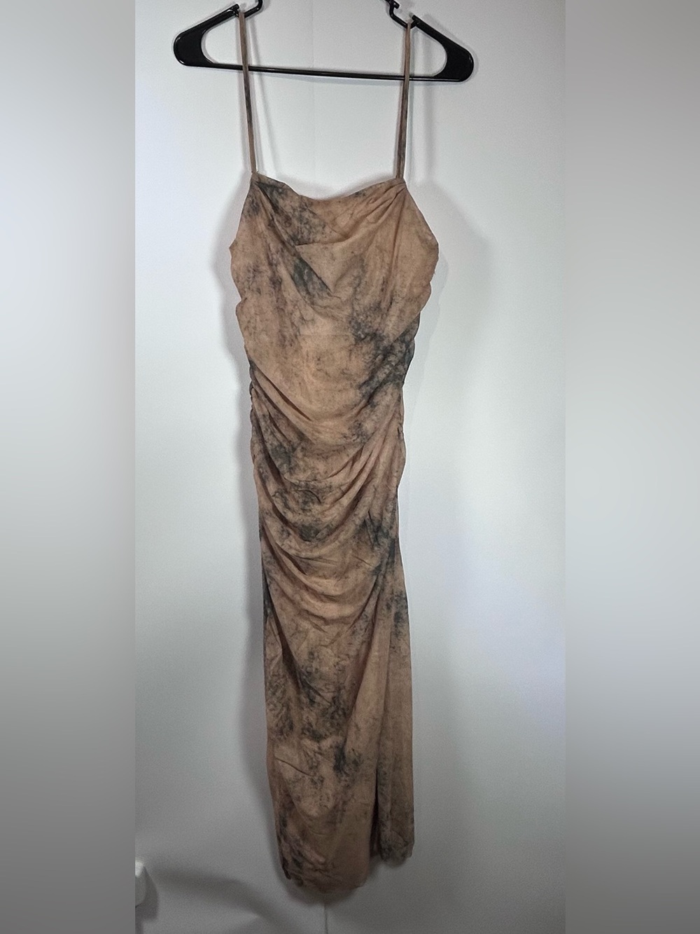 Endless Moon Size M Brown Abstract Mesh Ruched Cowl Neck Maxi Dress